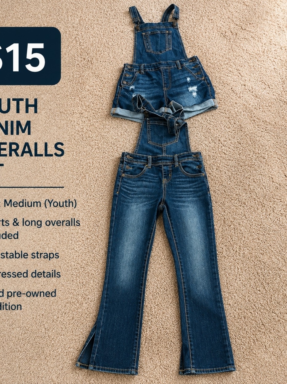 Youth Denim Overalls in Dark Blue - Classic Adjustable Straps